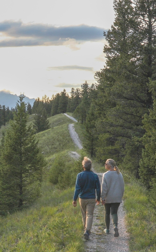 couple on walk on hilltop path
